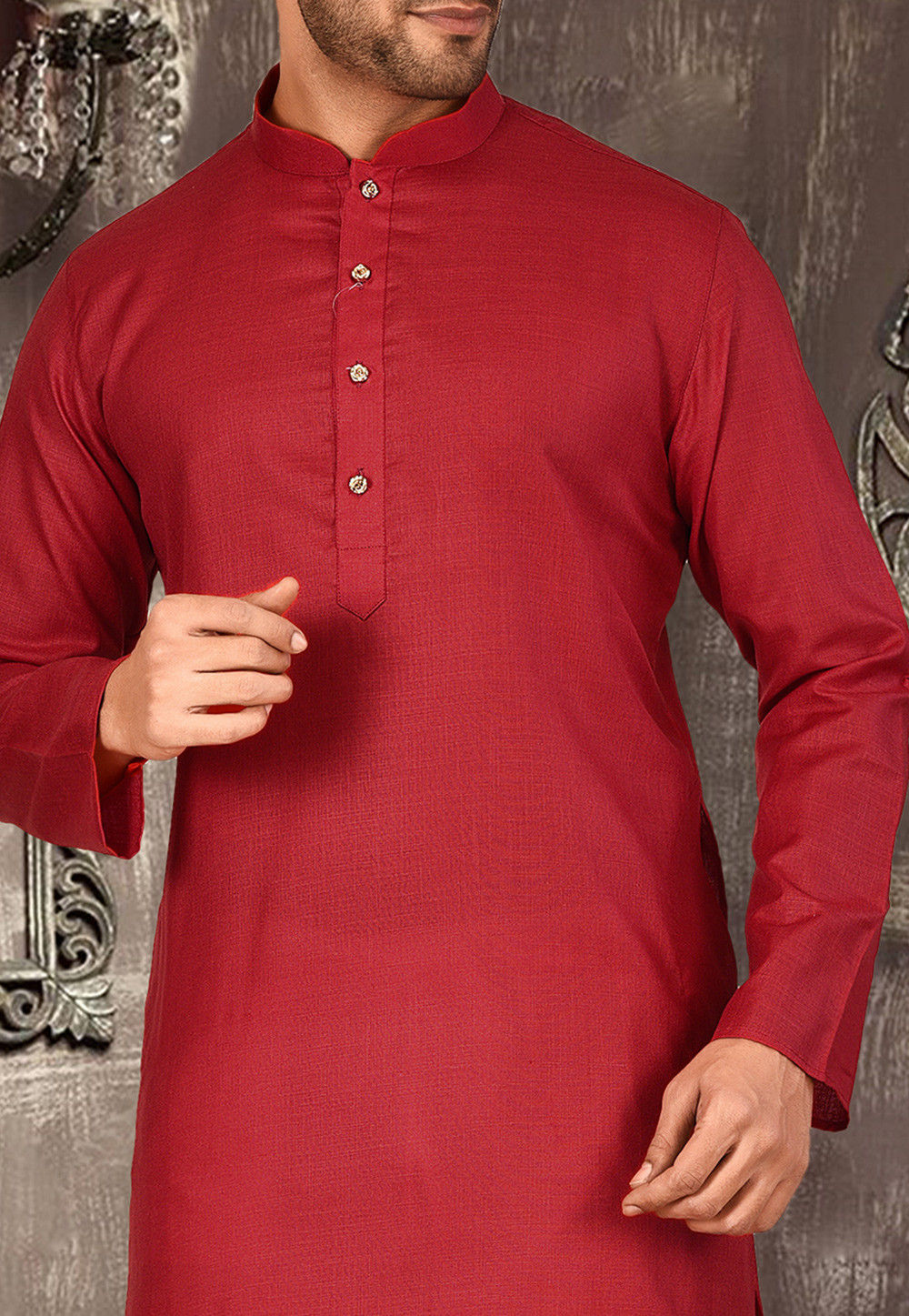 Festive Cotton Kurta Set | Solid Kurta with Cream Churidar Pajama