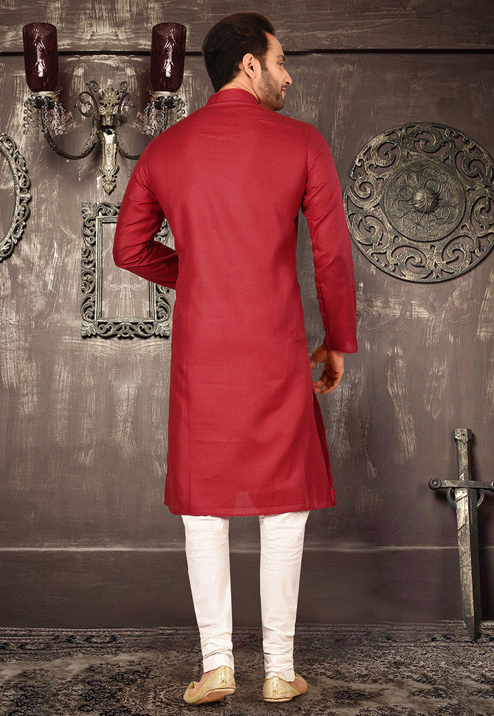 Festive Cotton Kurta Set | Solid Kurta with Cream Churidar Pajama