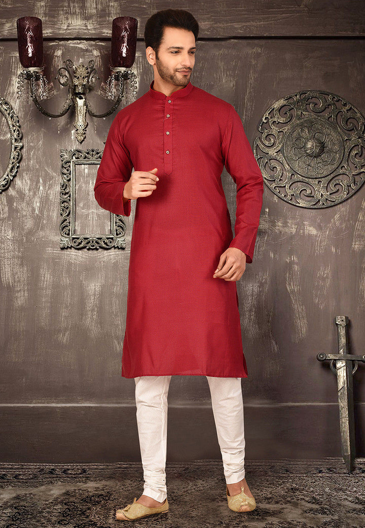 Festive Cotton Kurta Set | Solid Kurta with Cream Churidar Pajama