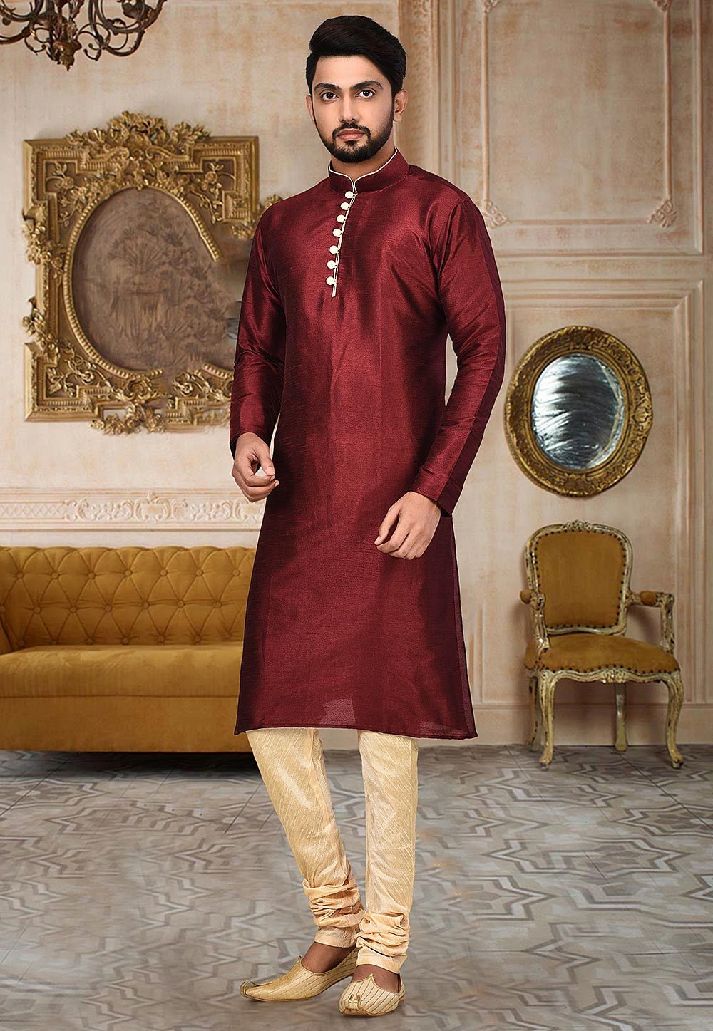 Designer Dupion Silk Kurta Pajama Set | Solid Design Festive Wear for Men