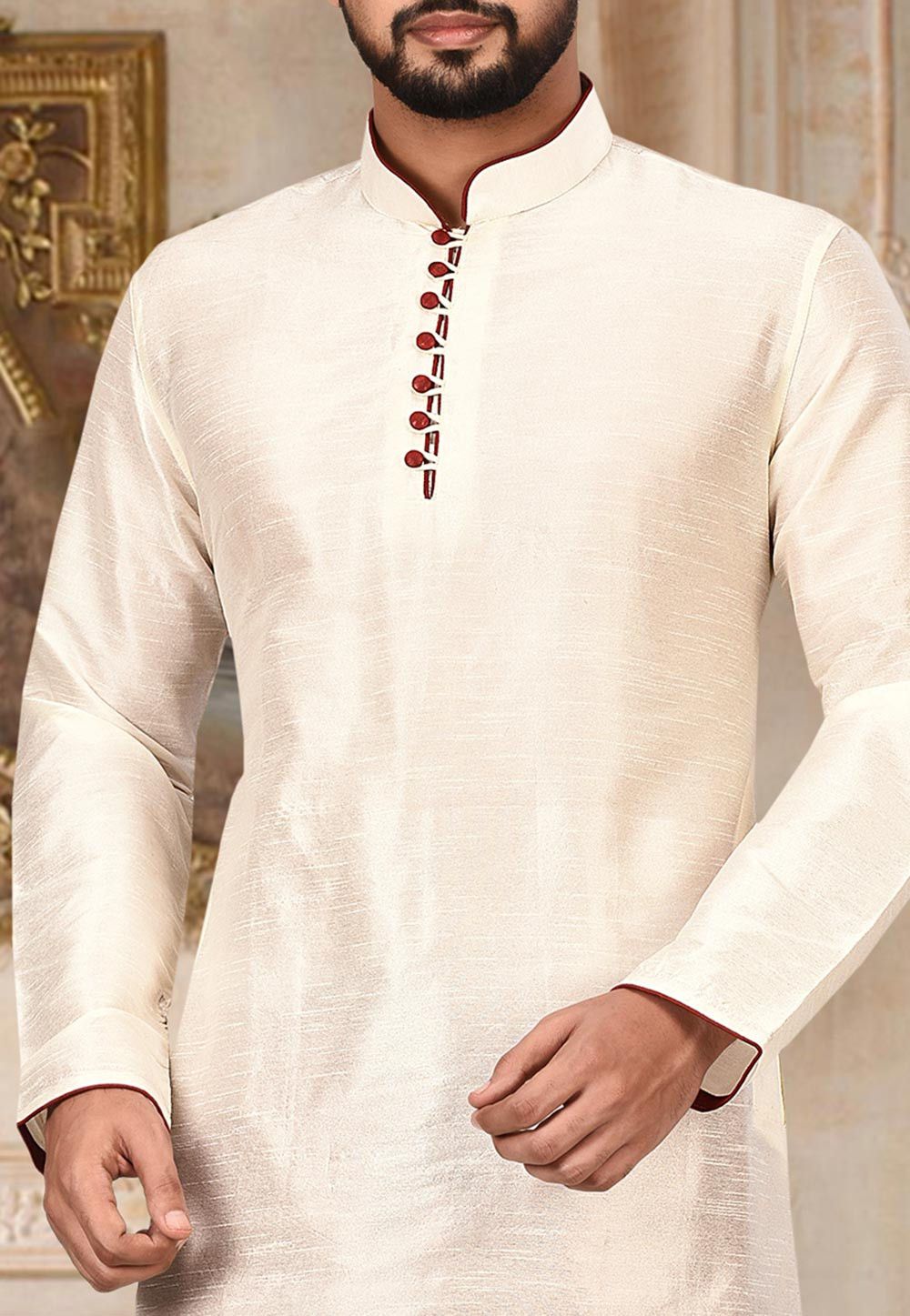 Designer Dupion Silk Kurta Pajama Set | Solid Design Festive Wear for Men