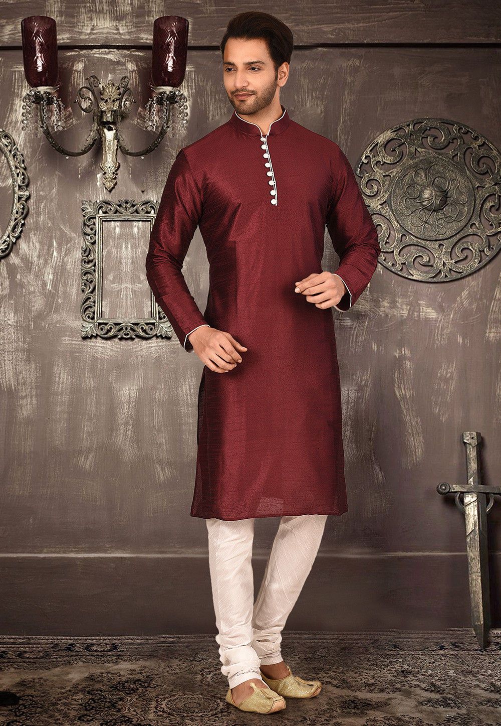 Designer Dupion Silk Kurta Pajama Set | Solid Design Festive Wear for Men