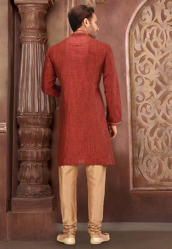 Red Jameywar Kurta Pajama Set | Art Silk Jardosi & Resham Work