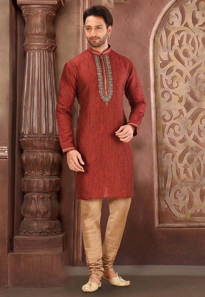 Red Jameywar Kurta Pajama Set | Art Silk Jardosi & Resham Work