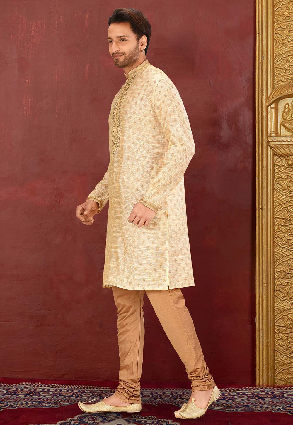 Light Yellow Lenin Kurta Pajama Set | Art Silk Jardosi & Resham Work