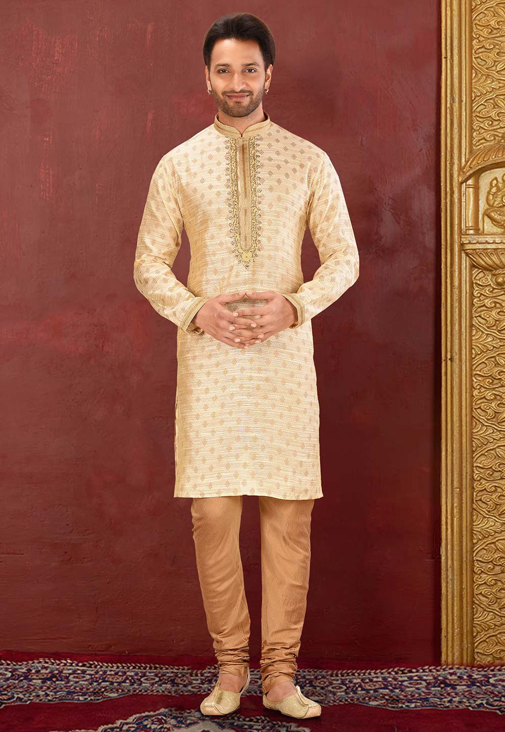 Light Yellow Lenin Kurta Pajama Set | Art Silk Jardosi & Resham Work