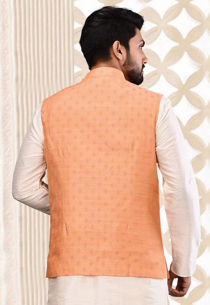 Peach Nehru Jacket | Designer Cotton Mulberry Jacket for Festive Wear