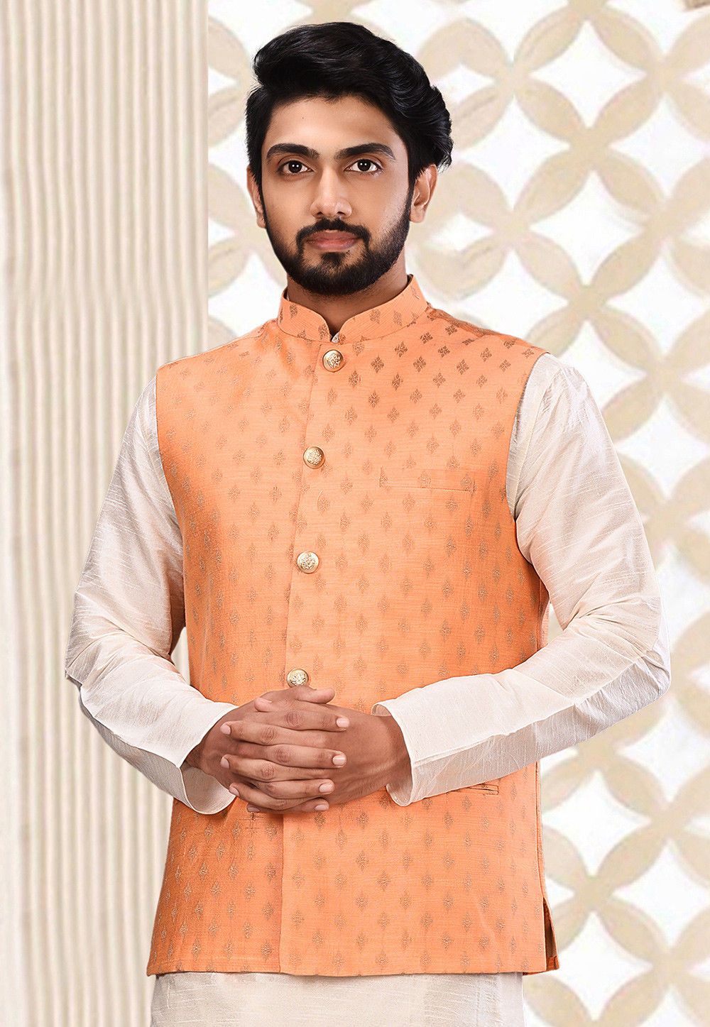 Peach Nehru Jacket | Designer Cotton Mulberry Jacket for Festive Wear