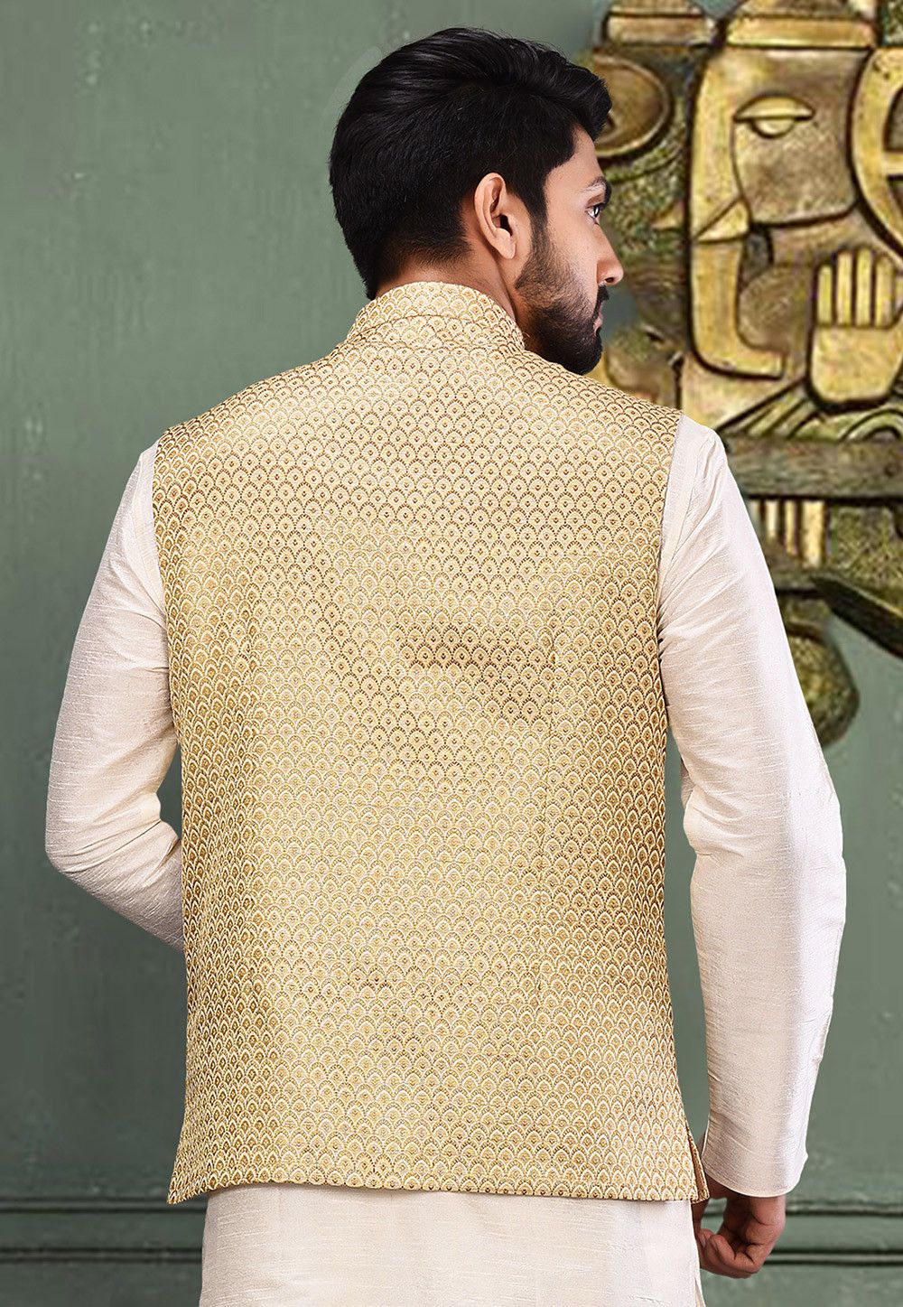 Beige Woven Jacquard Nehru Jacket | Waist Coat for Festive Wear