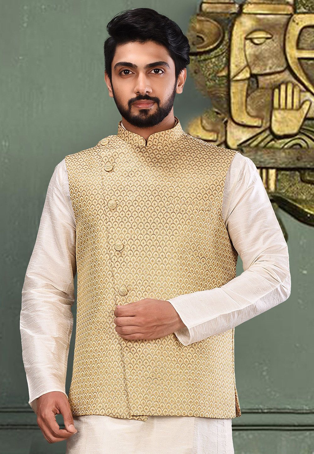 Beige Woven Jacquard Nehru Jacket | Waist Coat for Festive Wear