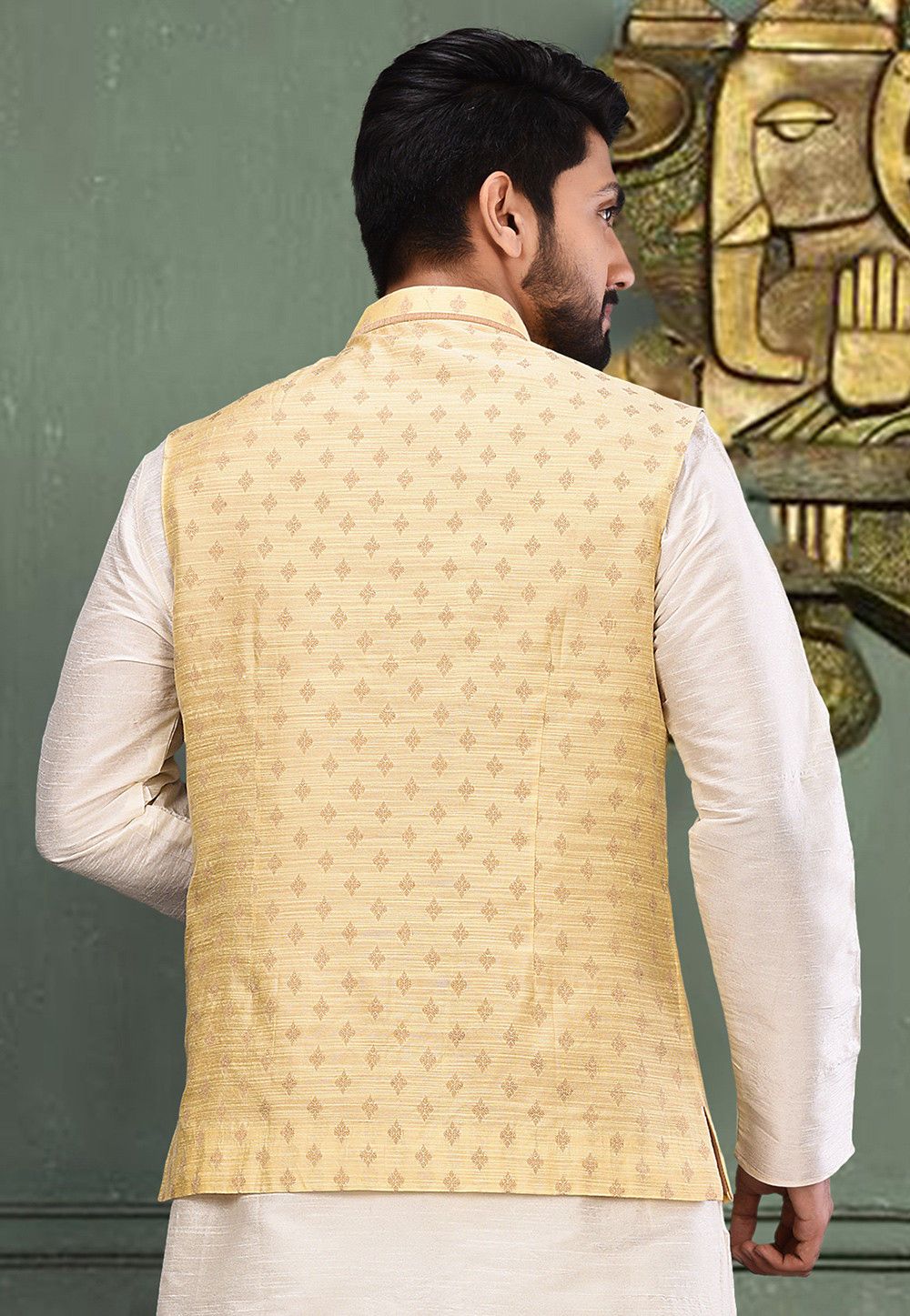 Light Yellow Cotton Mulberry Jacket | Designer Festive Wear for Men