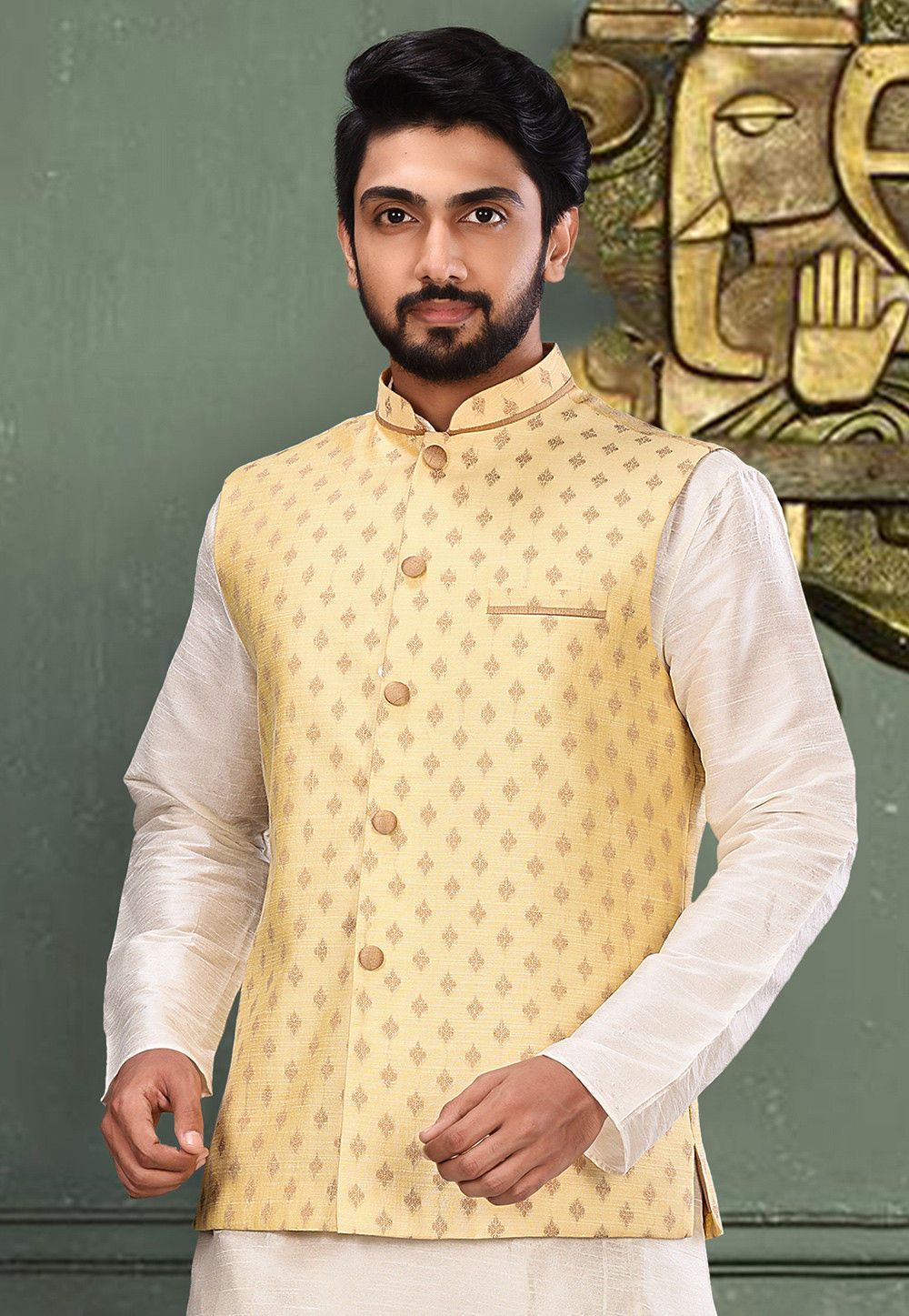 Light Yellow Cotton Mulberry Jacket | Designer Festive Wear for Men