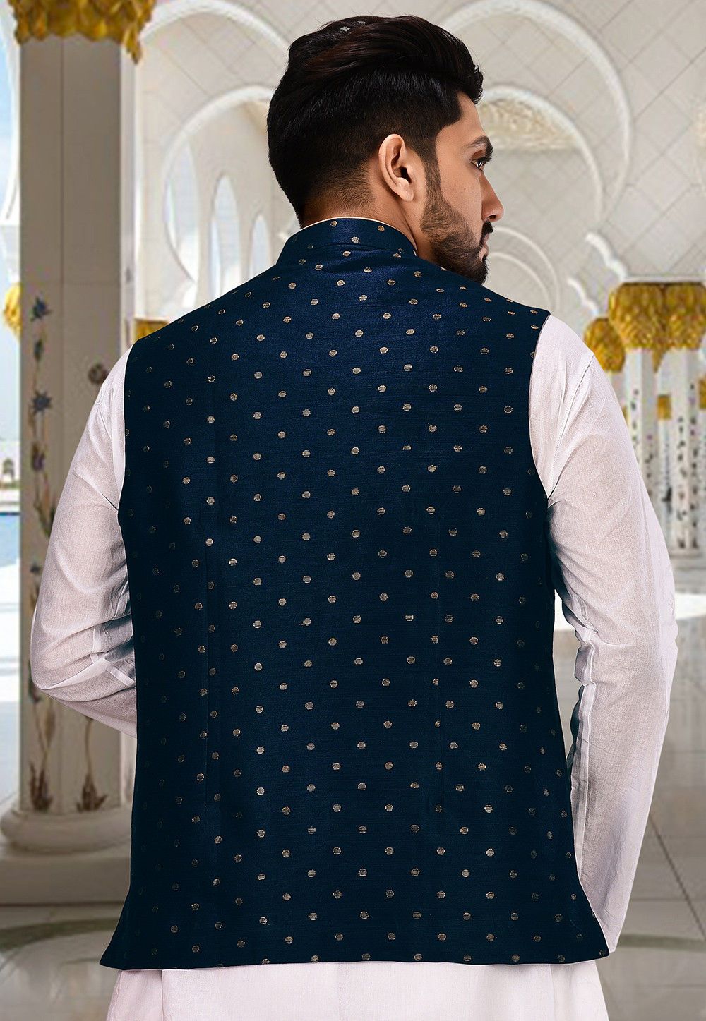 Navy Blue Nehru Jacket | Cotton Slub Wevon Designer Festive Wear