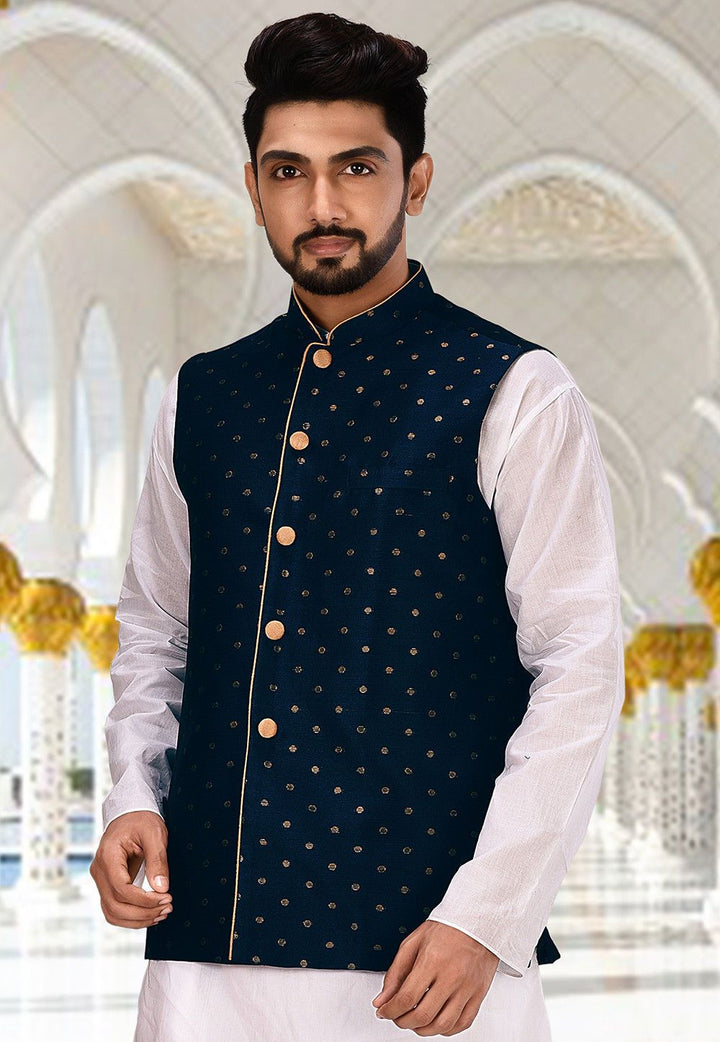 Navy Blue Nehru Jacket | Cotton Slub Wevon Designer Festive Wear