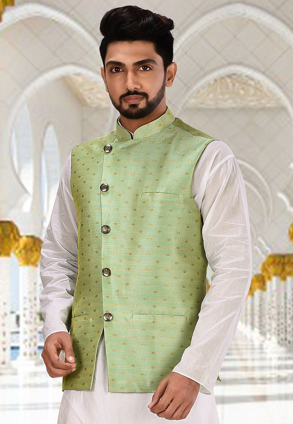 Pista Green Nehru Jacket | Cotton Slub Jambeywer Festive Wear