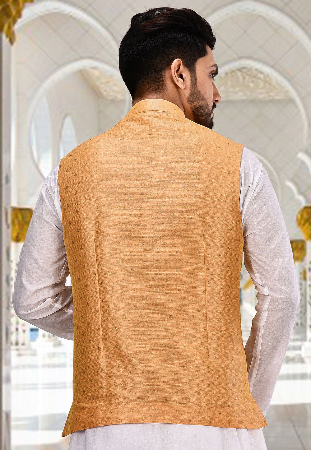 Stylish Peach Nehru Jacket | Festive Ready Wevon Designer Jacket