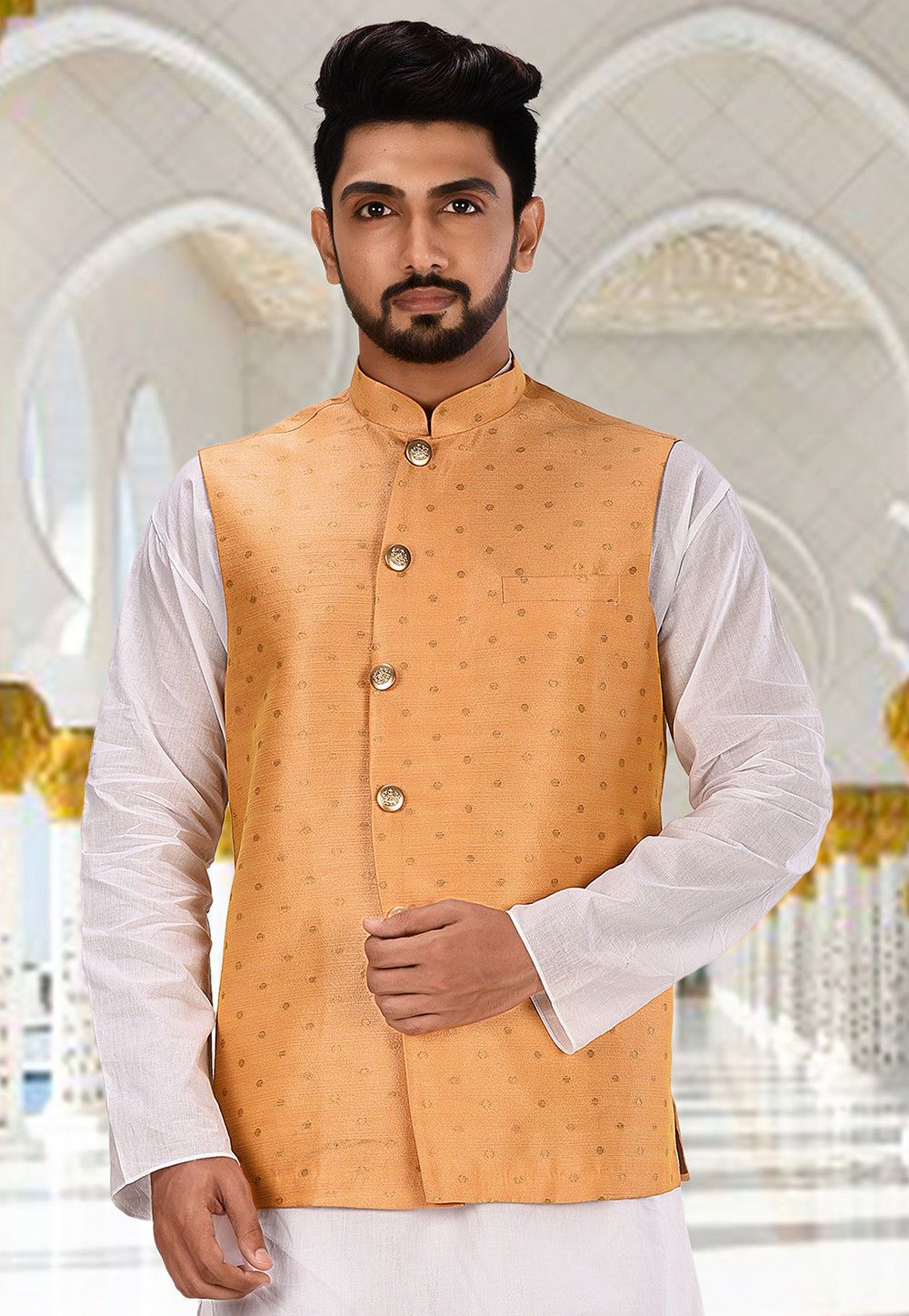 Stylish Peach Nehru Jacket | Festive Ready Wevon Designer Jacket