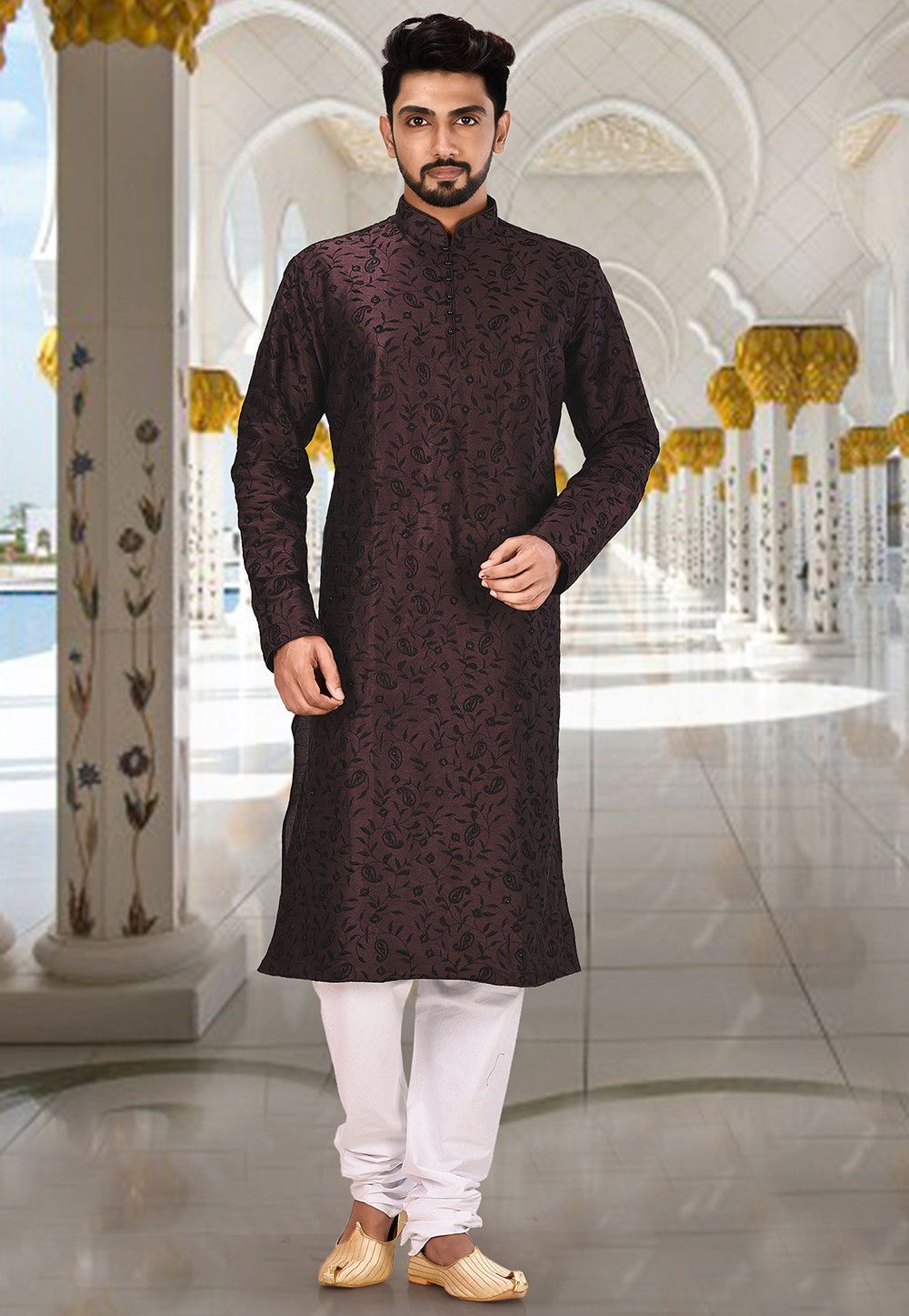 Designer Dupion Silk Kurta Pajama | Embroidered Elegance Festive Wear