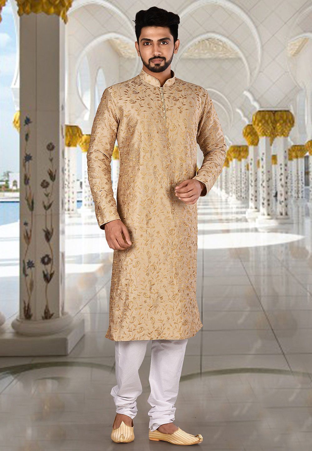 Designer Dupion Silk Kurta Pajama | Embroidered Elegance Festive Wear