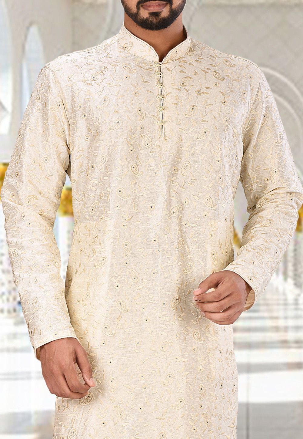 Designer Dupion Silk Kurta Pajama | Embroidered Elegance Festive Wear