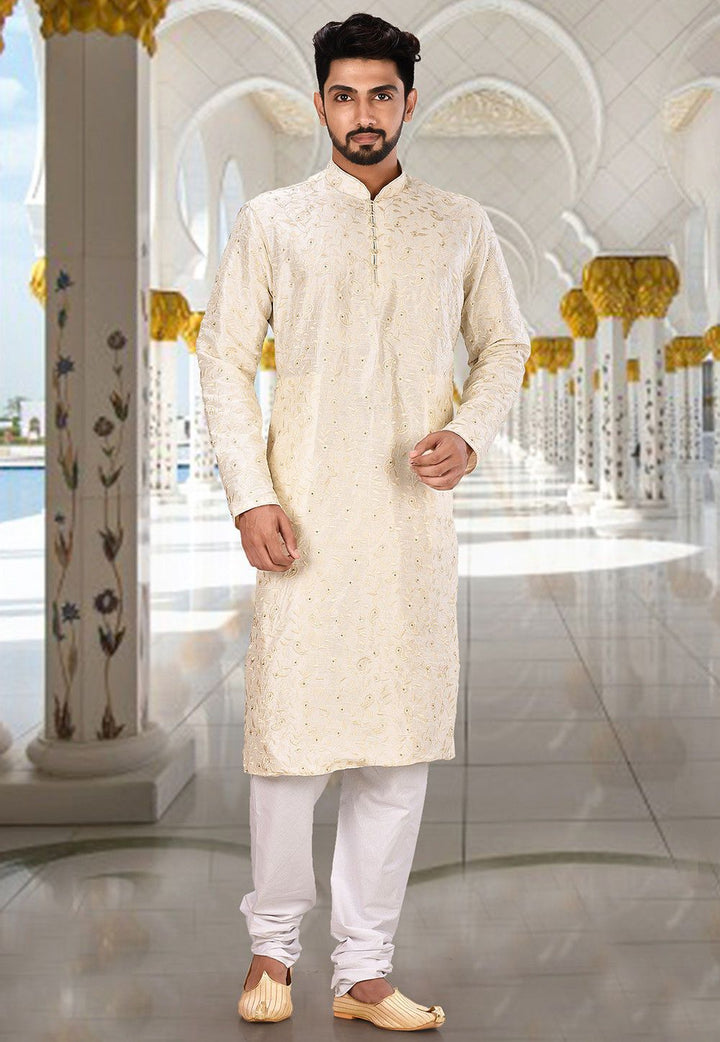 Designer Dupion Silk Kurta Pajama | Embroidered Elegance Festive Wear