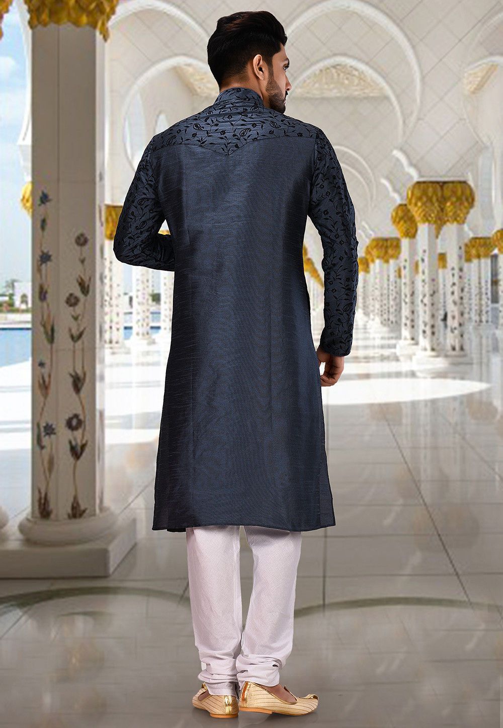 Designer Dupion Silk Kurta Pajama | Embroidered Elegance Festive Wear