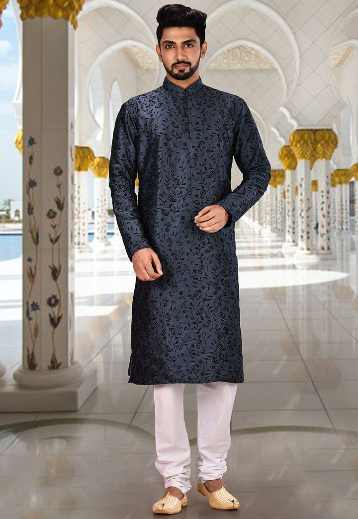 Designer Dupion Silk Kurta Pajama | Embroidered Elegance Festive Wear