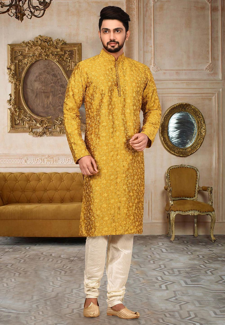 Mustard Yellow Kurta Pajama Set | Festive Wear Embroidered Kurta Set