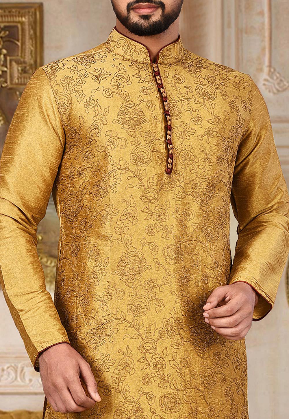 Dupion Silk Kurta Pajama | Designer Embroidered Men's Set Festive Wear