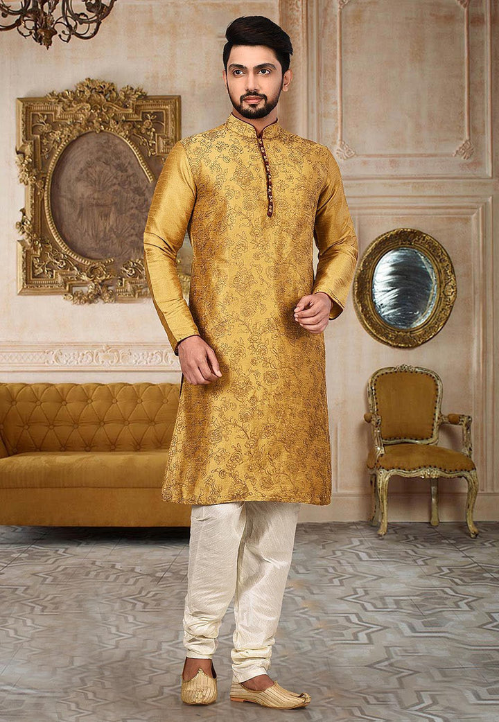 Dupion Silk Kurta Pajama | Designer Embroidered Men's Set Festive Wear