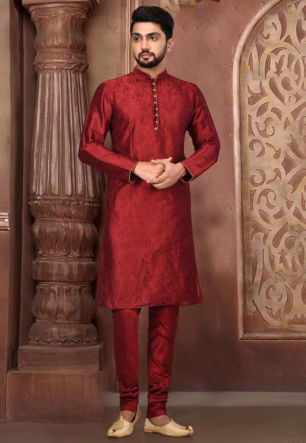 Dupion Silk Kurta Pajama | Designer Embroidered Men's Set Festive Wear