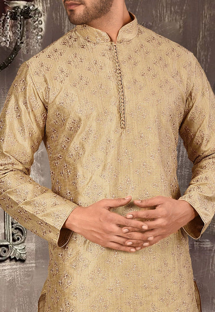 Stylish Beige Dupion Silk Embroidered Kurta Pajama Set | Party Wear