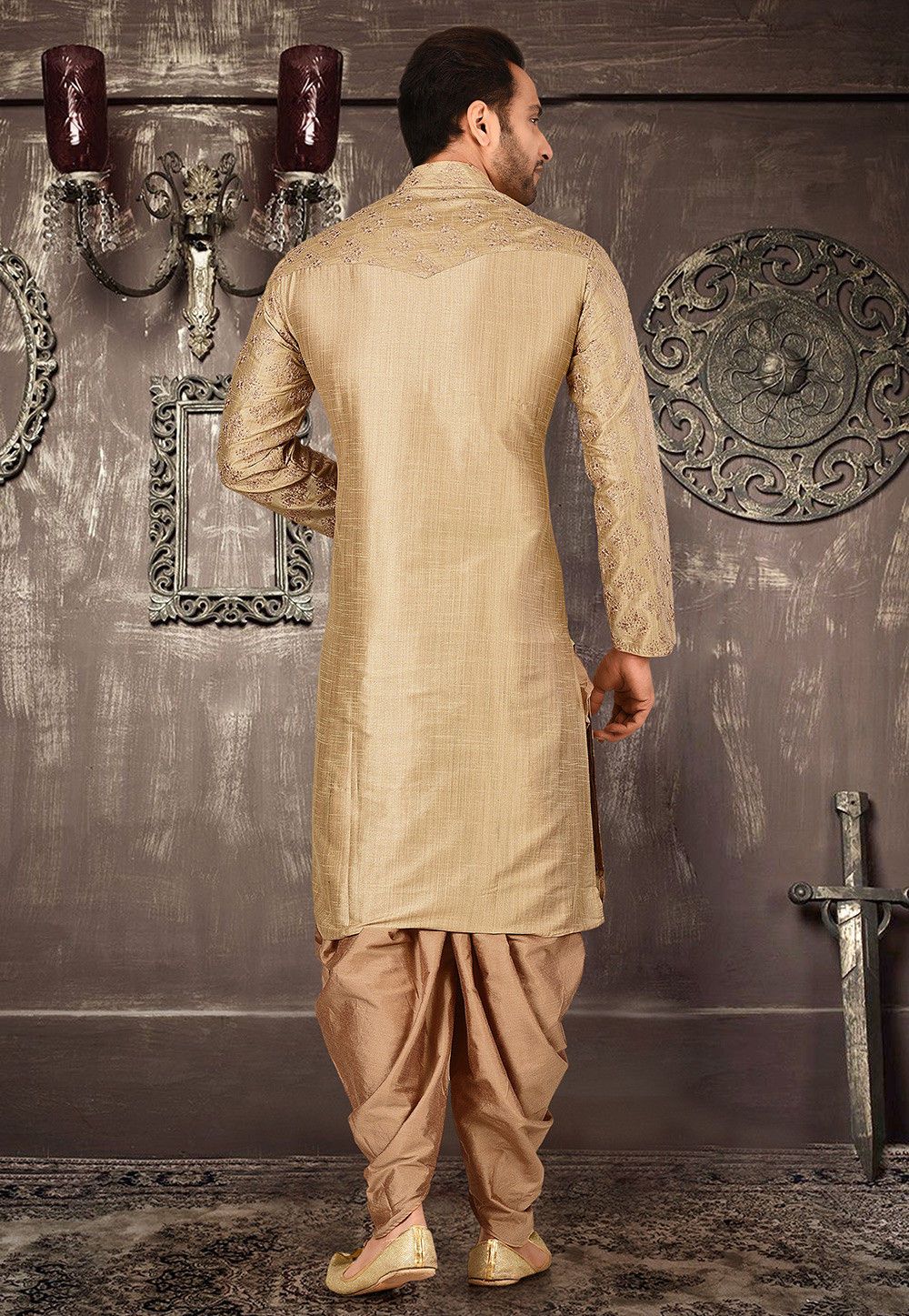 Stylish Beige Dupion Silk Embroidered Kurta Pajama Set | Party Wear