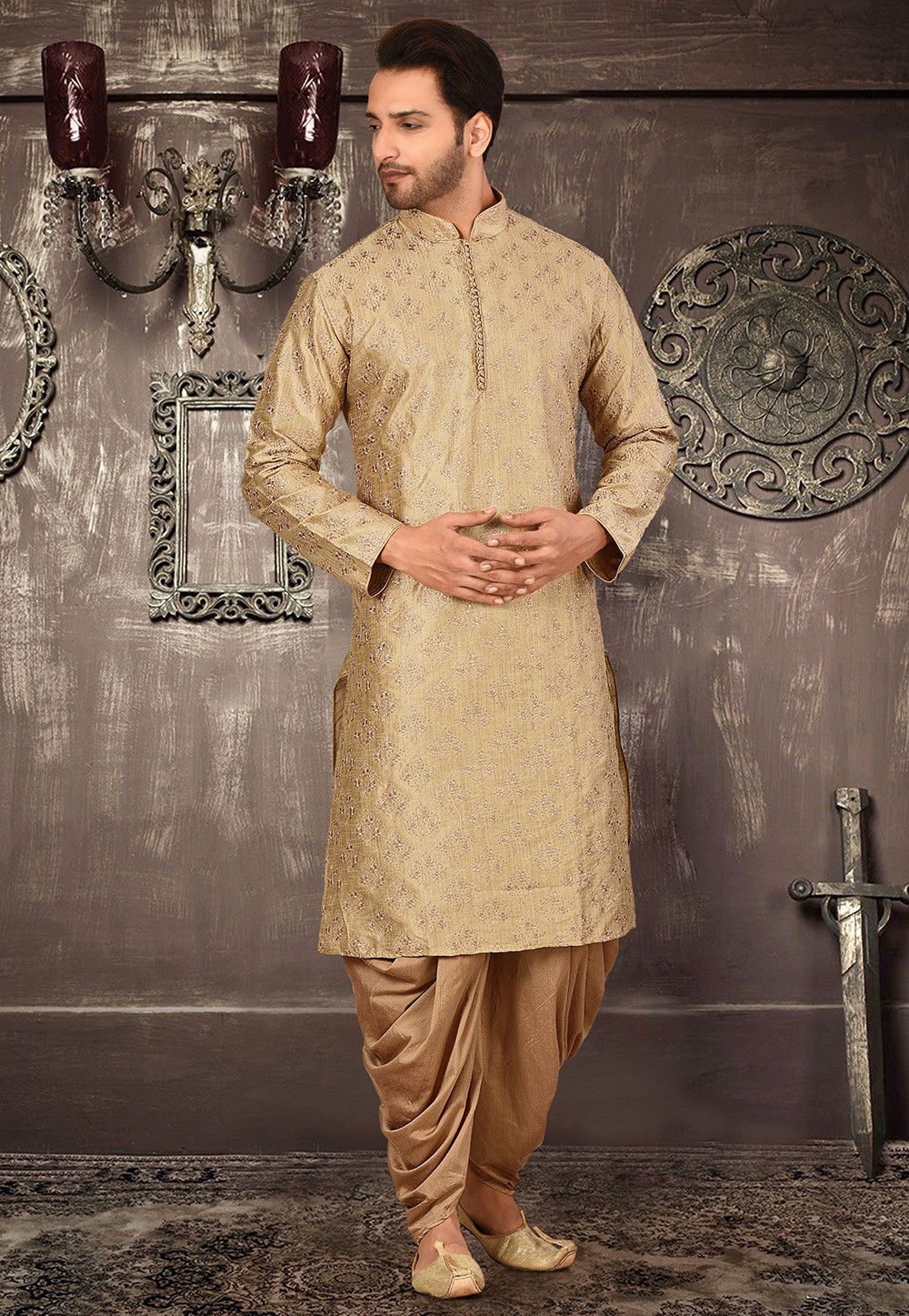 Stylish Beige Dupion Silk Embroidered Kurta Pajama Set | Party Wear