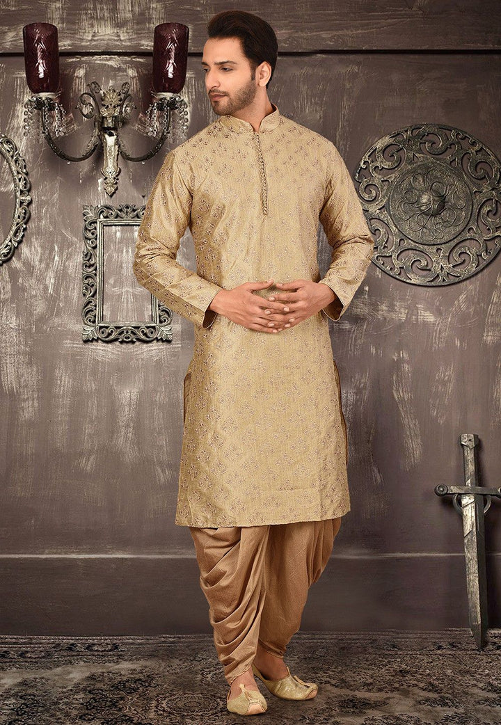 Stylish Beige Dupion Silk Embroidered Kurta Pajama Set | Party Wear