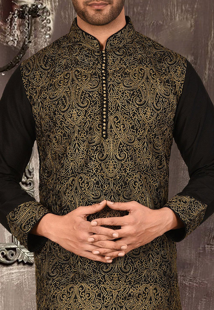 Stylish Black Kurta Pajama Set | Cotton Silk, Heavy Embroidery Work