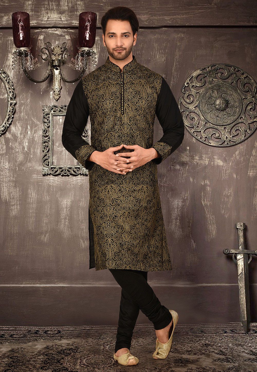 Stylish Black Kurta Pajama Set | Cotton Silk, Heavy Embroidery Work