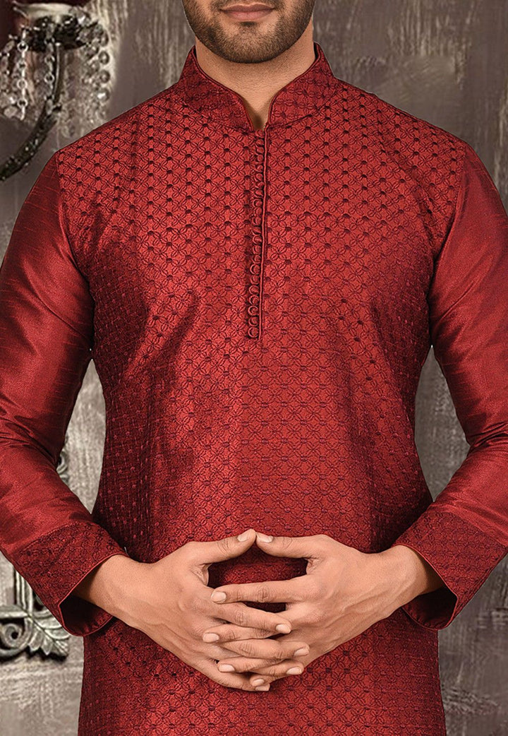 Traditional Red Kurta Pajama Set | Designer Embroidery Men's Wear