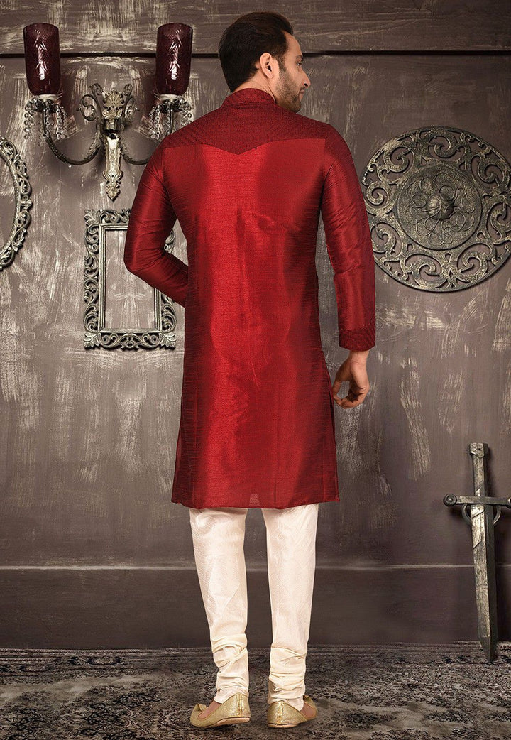 Traditional Red Kurta Pajama Set | Designer Embroidery Men's Wear