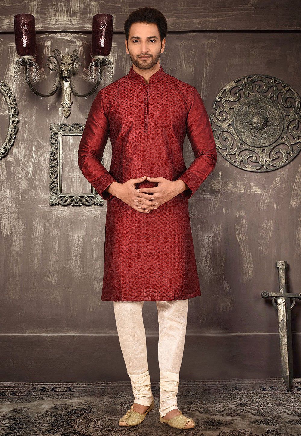 Traditional Red Kurta Pajama Set | Designer Embroidery Men's Wear