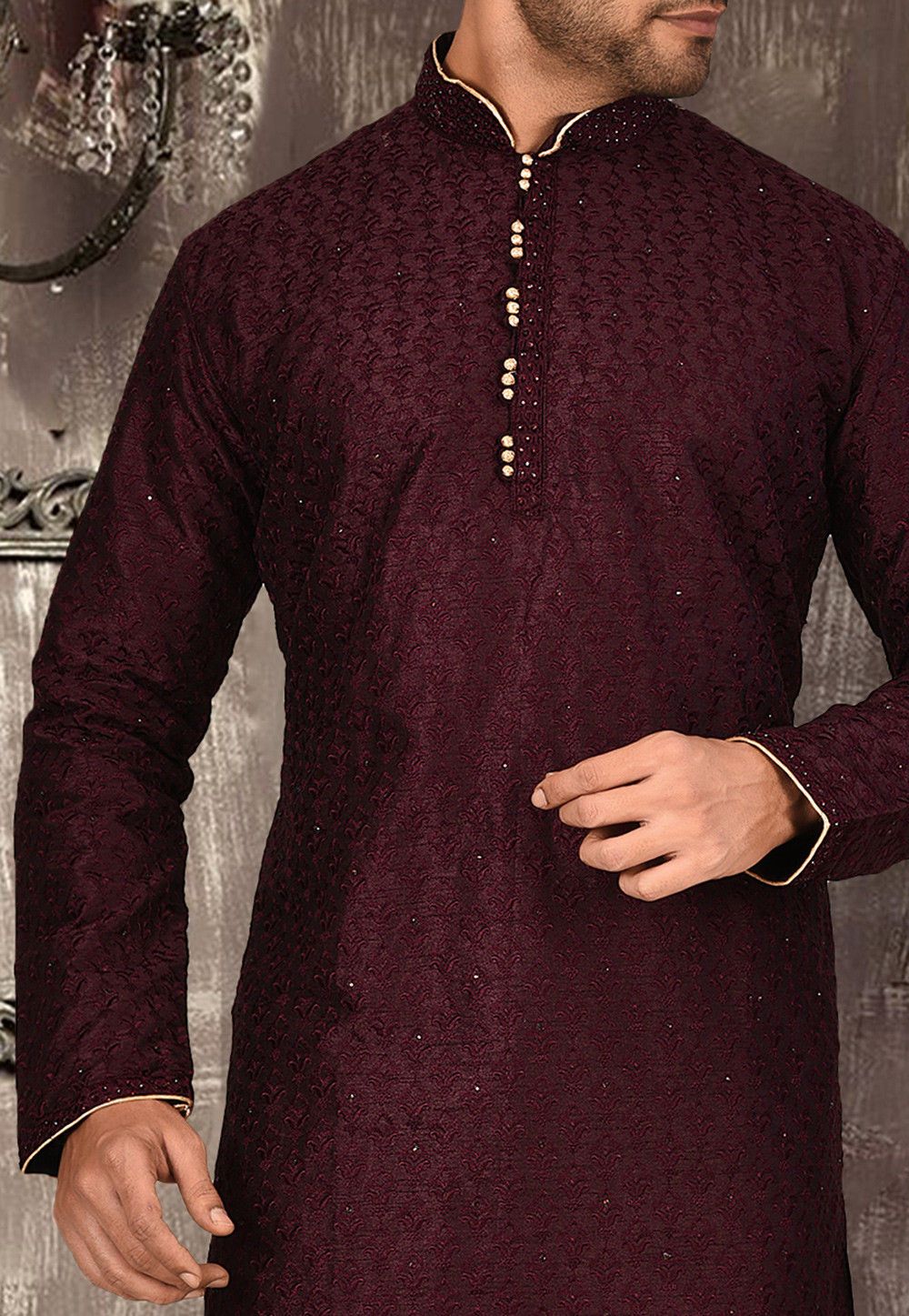 Maroon Dupion Silk Kurta Cotton Silk Pajama Set | Designer Embroidery