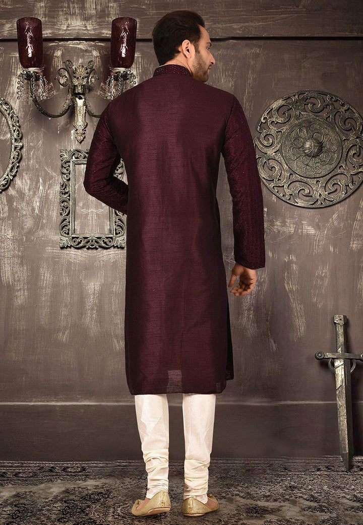 Maroon Dupion Silk Kurta Cotton Silk Pajama Set | Designer Embroidery