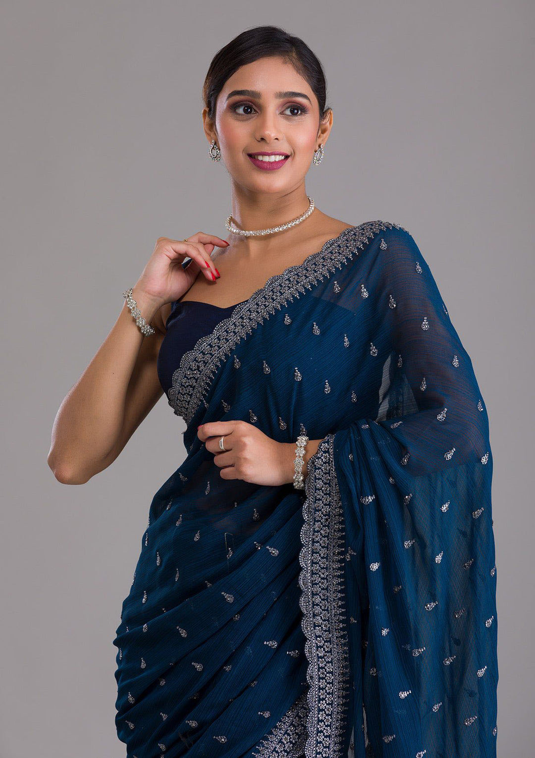 Chinon Saree with Sequins & Embroidery | Banglori Blouse for Weddings