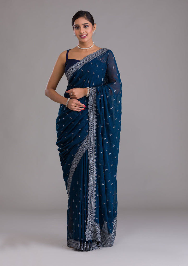 Chinon Saree with Sequins & Embroidery | Banglori Blouse for Weddings