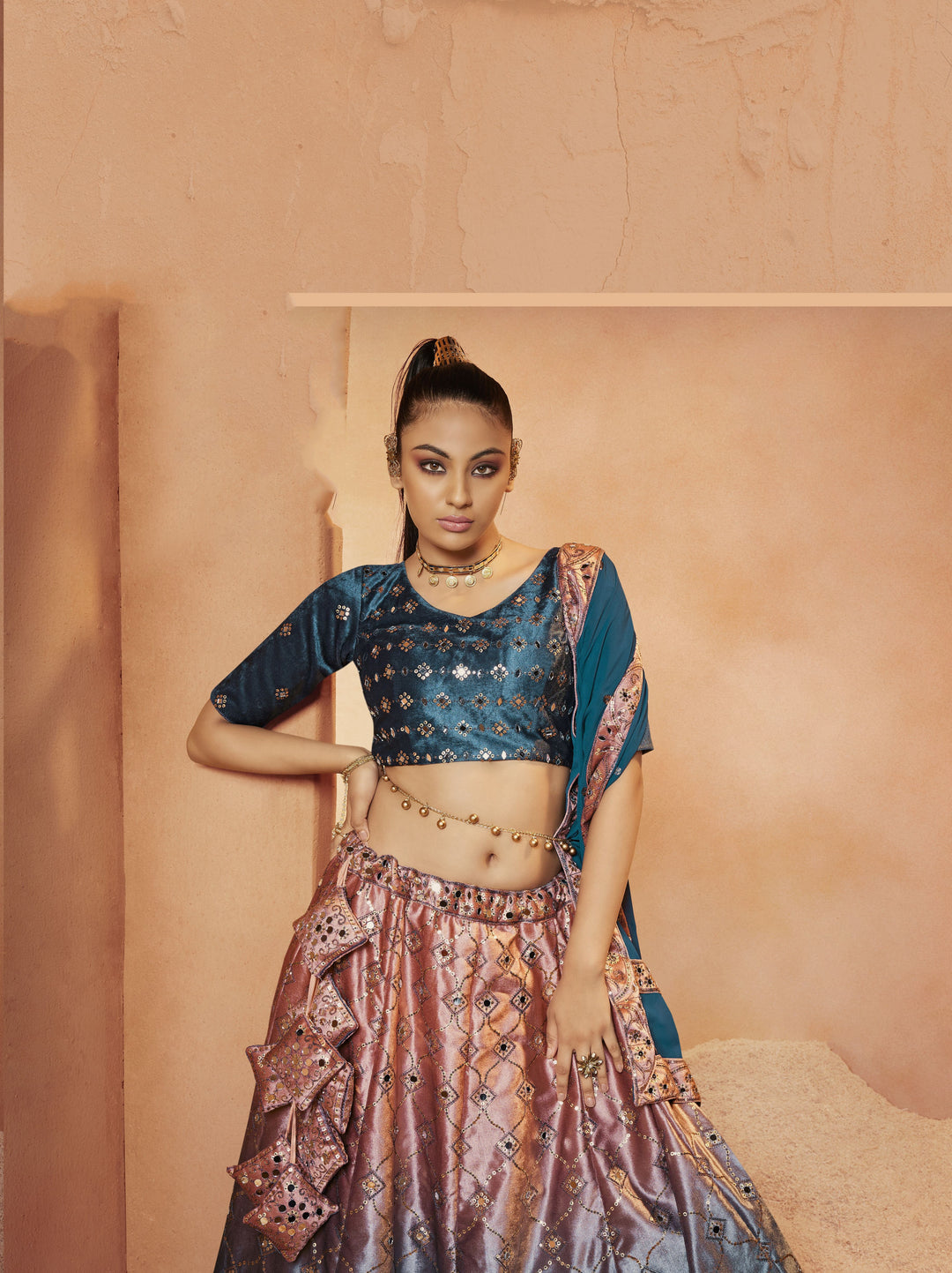 Velvet Sequined Bridal Lehenga | Mirror Embroidery for Weddings & Parties