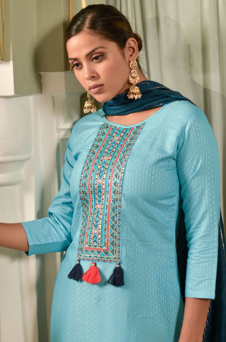 Sky Blue Viscose Rayon Suit | Designer Embroidery with Nylon Dupatta