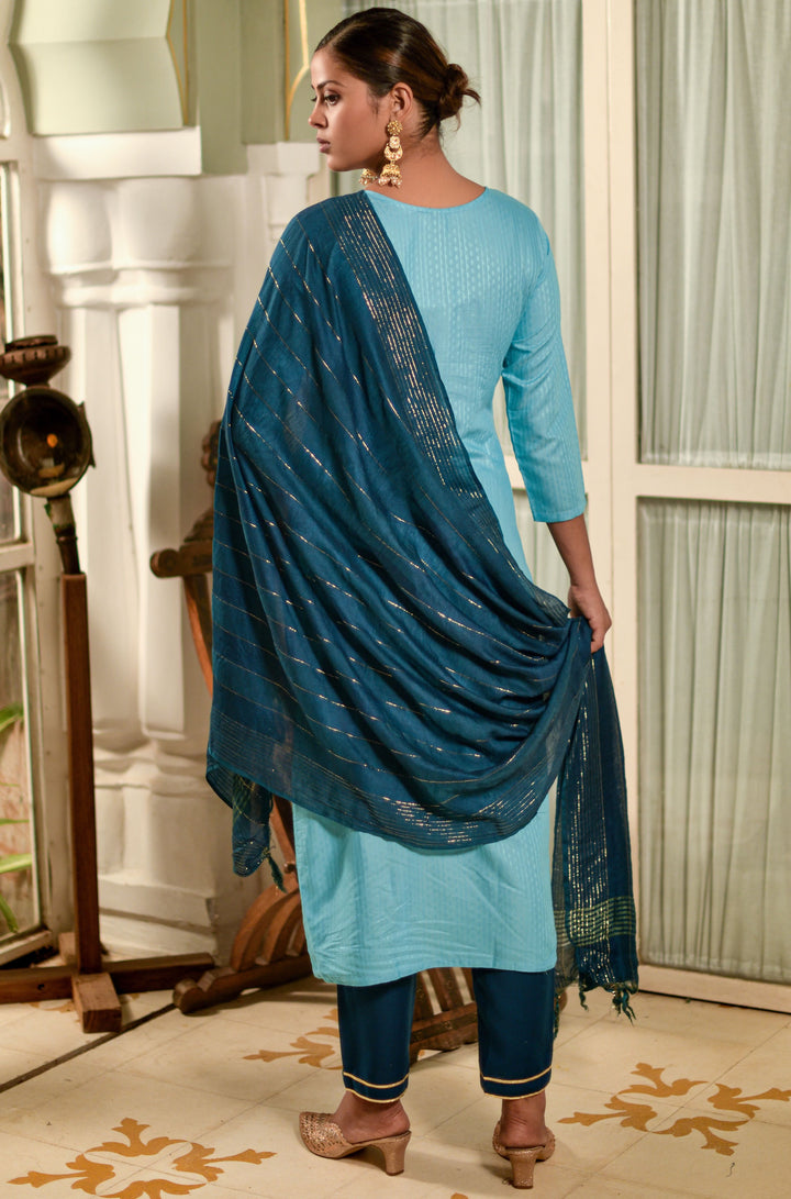 Sky Blue Viscose Rayon Suit | Designer Embroidery with Nylon Dupatta