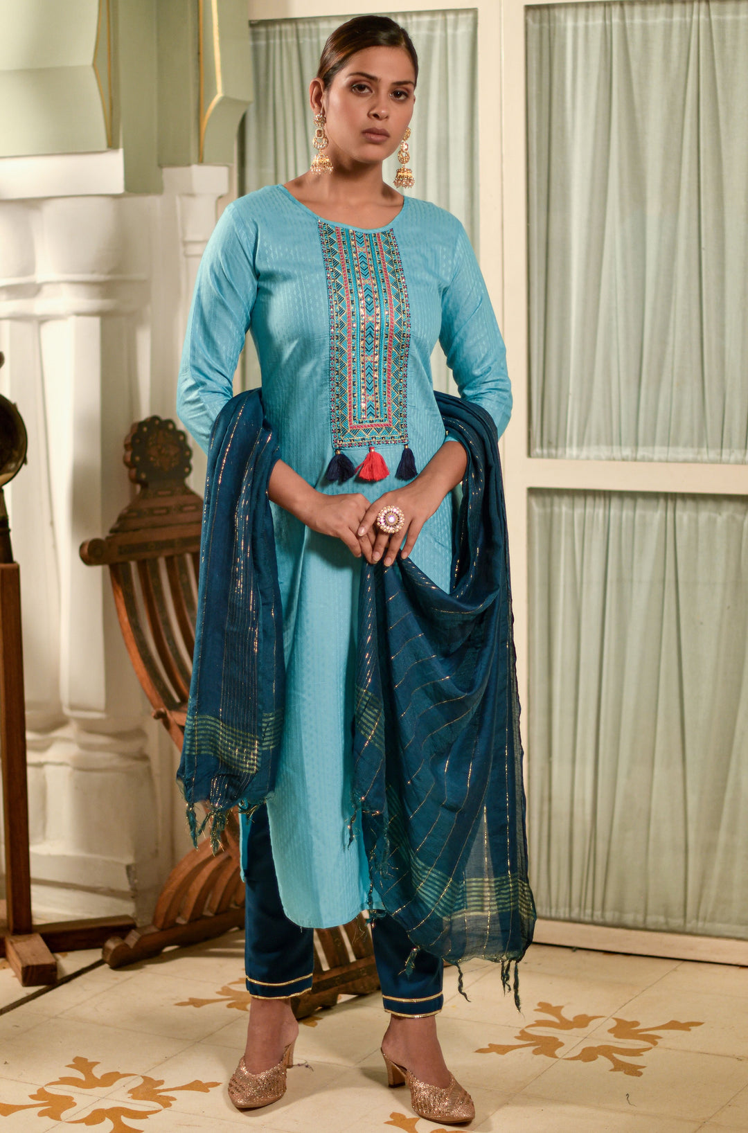 Sky Blue Viscose Rayon Suit | Designer Embroidery with Nylon Dupatta