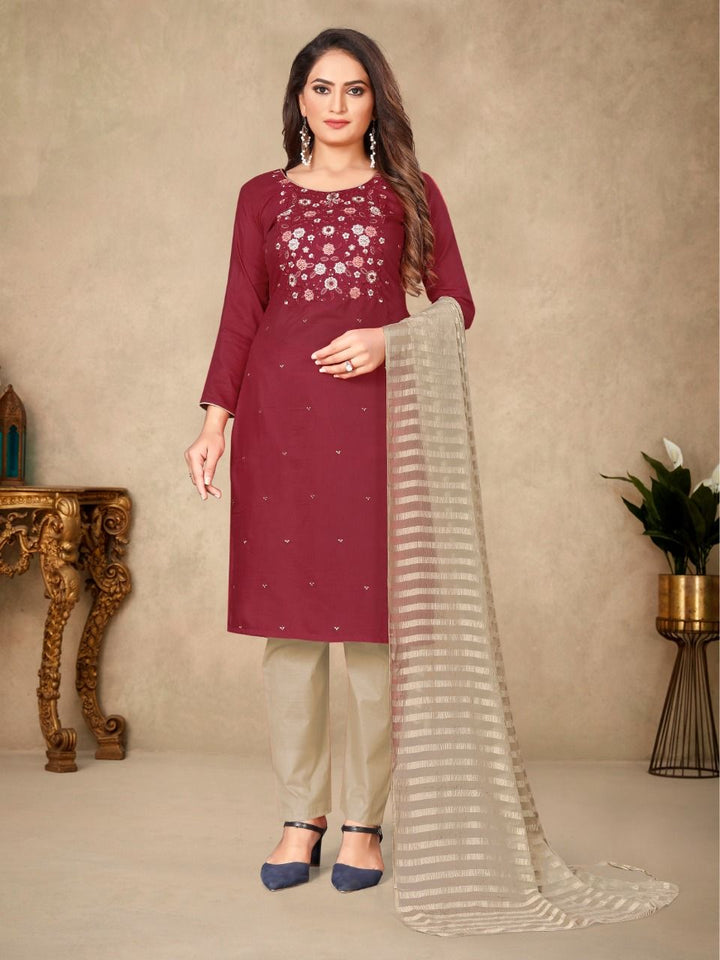 Embroidered Cotton Suit | Laila Patti Dupatta and Indo Cotton Bottom