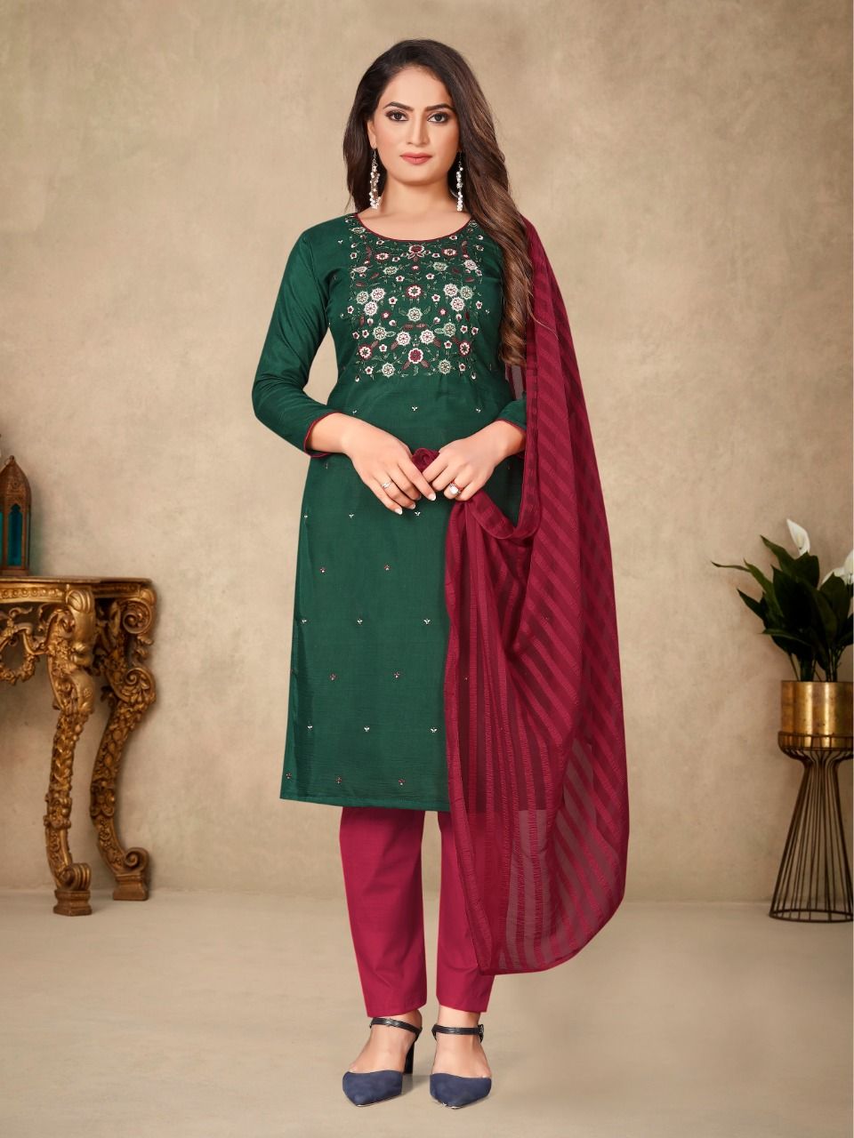 Embroidered Cotton Suit | Laila Patti Dupatta and Indo Cotton Bottom